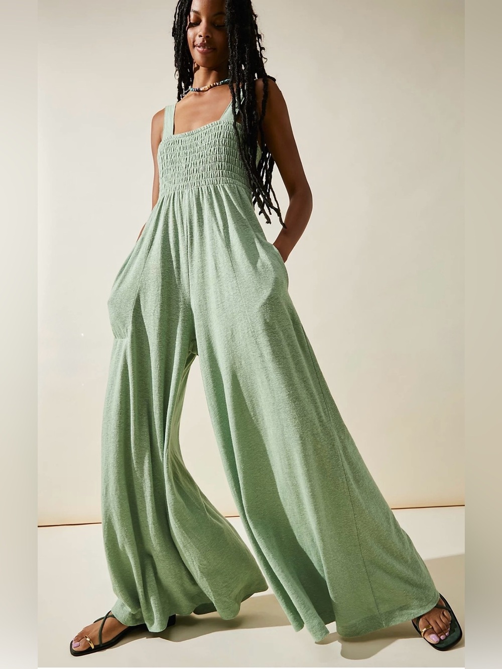 Free People Beach Homecoming Jumper Soft Green Smocked Wide Leg Jumpsuit Large